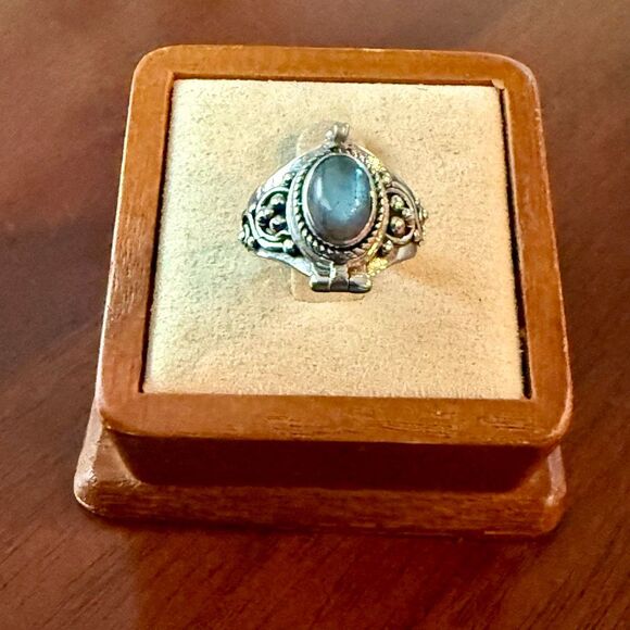 Sterling Silver Labradorite Poison Ring Locket Compartment Gothic Style Size 6 - Picture 1 of 7